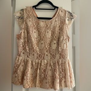 Golden pink lace blouse with zipper close from Anthropologie.